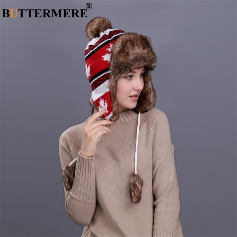 BUTTERMERE Red Russian Ushanka Hat Female Winter Warm Earflaps Fur Bomber Hat
