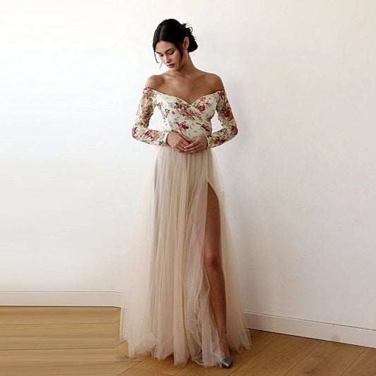 Off-Shoulder Floral and Champagne Tulle Dress  #1176