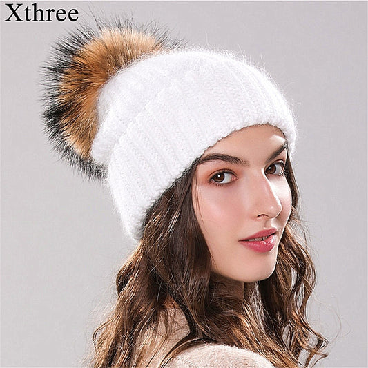 Xthree 70% Angola Rabbit Fur Knitted Hat With Real Fur Pom Pom Hat