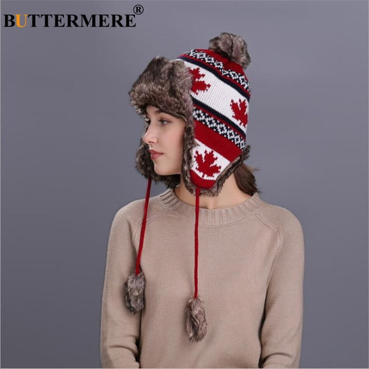 BUTTERMERE Red Russian Ushanka Hat Female Winter Warm Earflaps Fur Bomber Hat